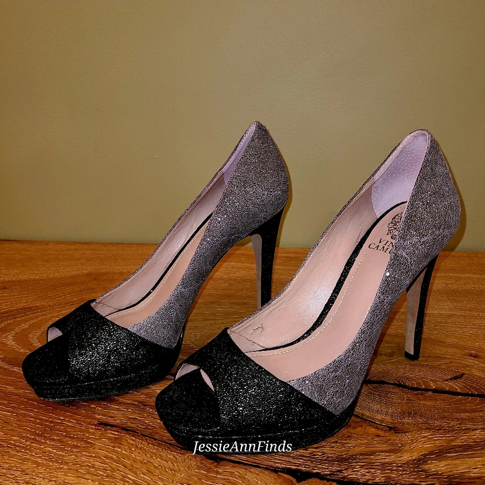 Vince Camuto Silver Black Metallic Leather Peep Toe Heels Pumps Size 8